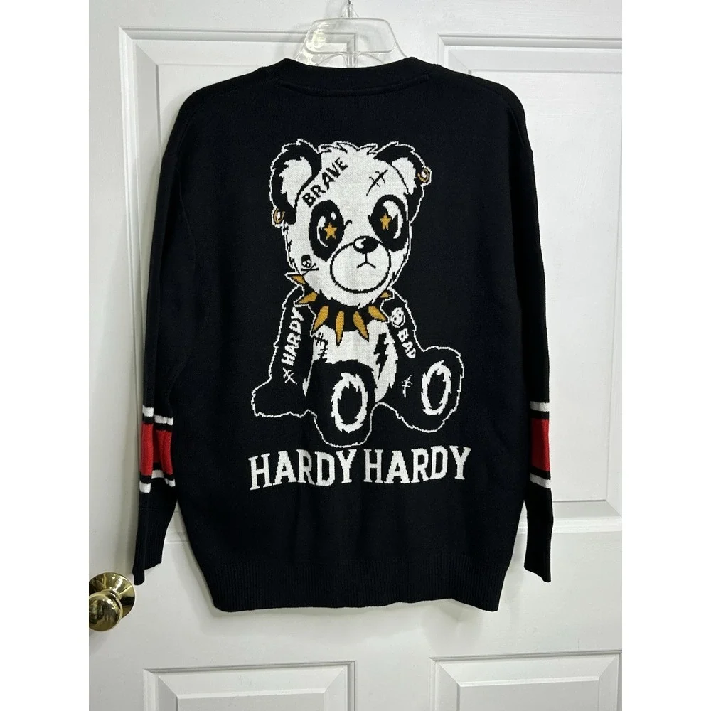 HARDY HARDY Women's Cardigan  Medium Black Red White Panda Bedazzled + Graphic